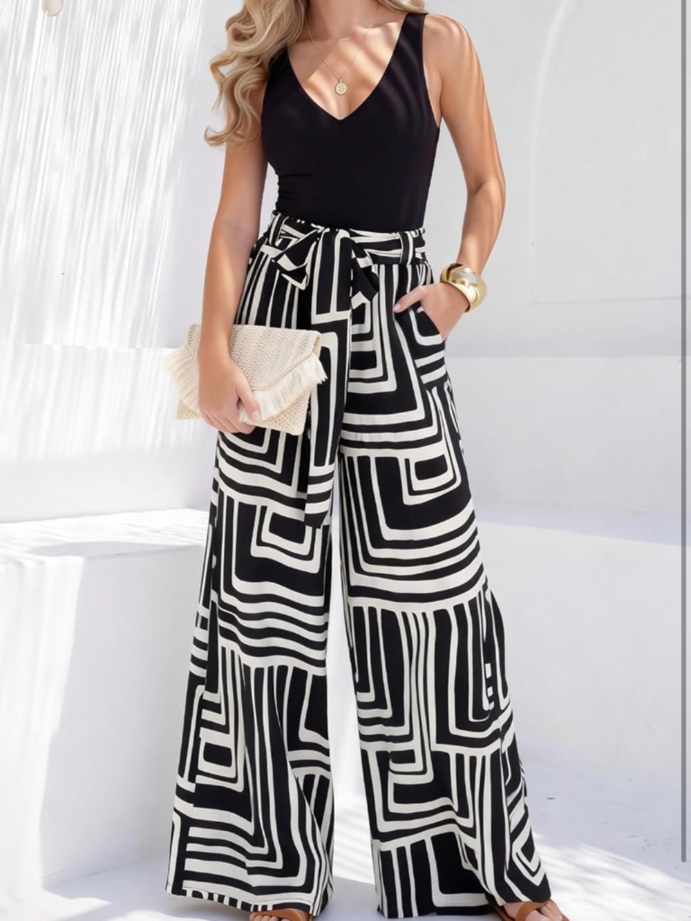 Wide Leg High-Waist Geometric Palazzo Pants Set - SMALL, NEW WITH TAGS - Picture 3 of 11